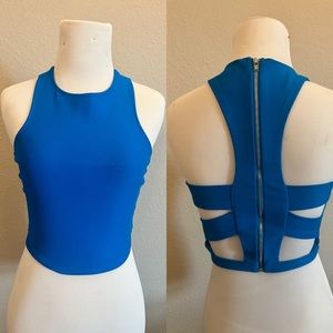 Blue Zip Back Cutout Crop Top; Size Small
